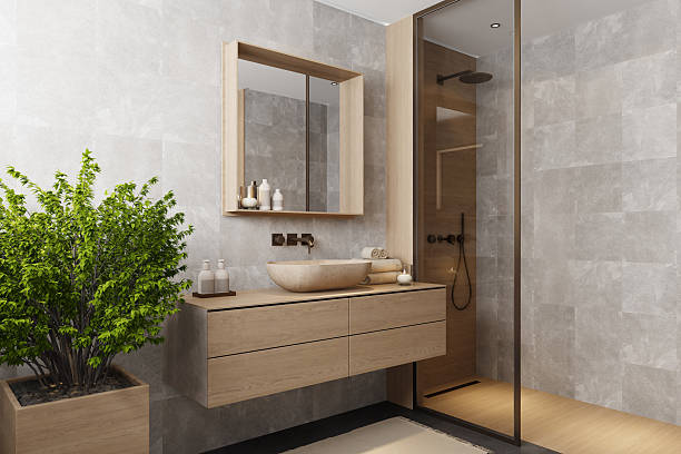 istock Japandi Bathroom Interior with Natural Wood and Minimal Design 2241694113