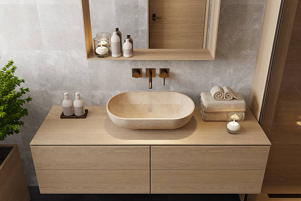 istock Japandi Bathroom Interior with Natural Wood and Minimal Design 2241694165