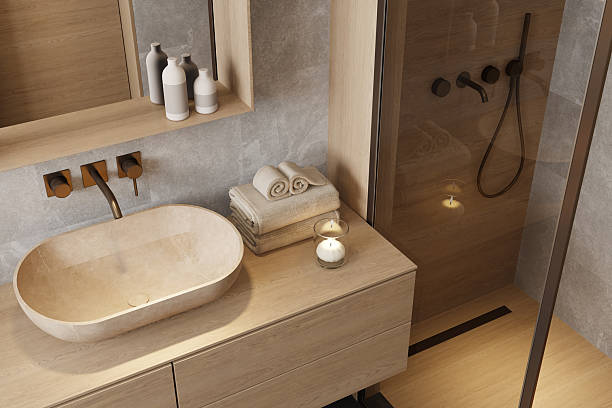 istock Japandi Bathroom Interior with Natural Wood and Minimal Design 2241694168