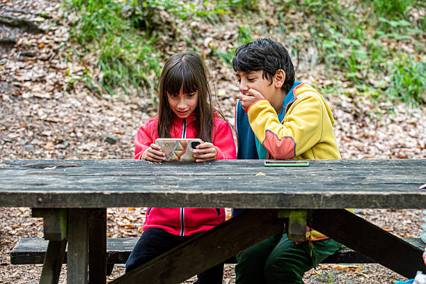 Siblings looking at smartphones at a picnic table in a forest camp - Yedigöller National Park