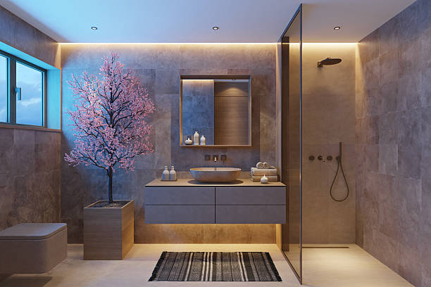 istock Japandi Bathroom Interior with Cherry Blossom Tree and Minimal Design - night scene 2241700432