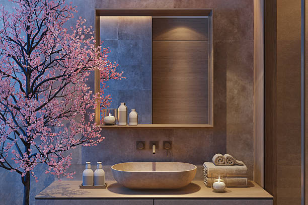 istock Japandi Bathroom Interior with Cherry Blossom Tree and Minimal Design - night scene 2241700504