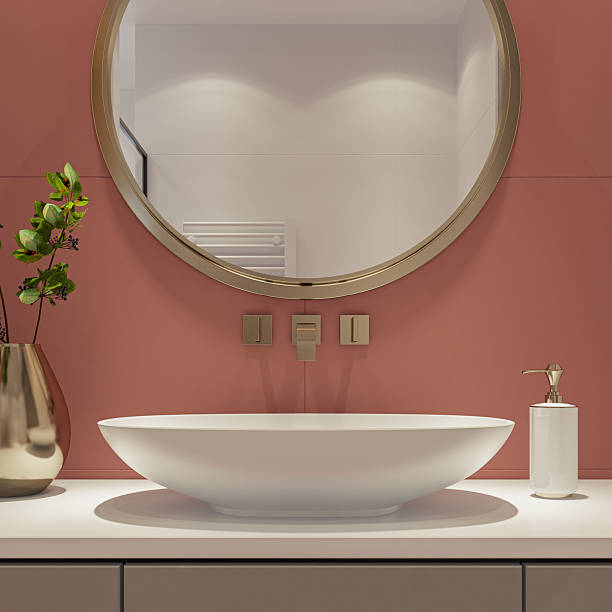 istock Compact Luxury Bathroom with Round Mirror and Elegant Wash Basin 2241703582
