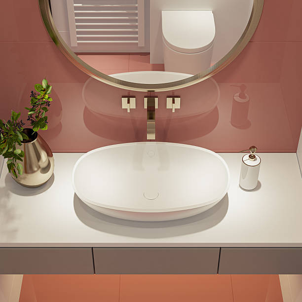 istock Compact Luxury Bathroom with Round Mirror and Elegant Wash Basin 2241703584