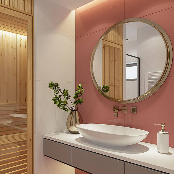 istock Small Luxury Bathroom with Built-in Sauna and Japandi Style Design 2241704162