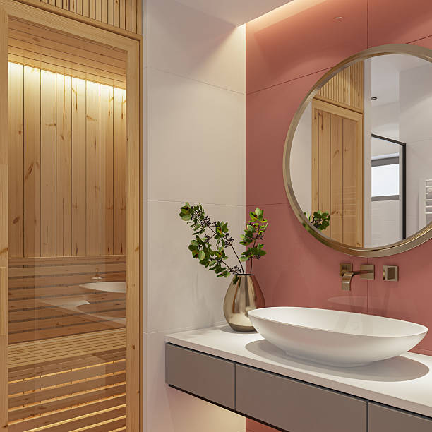istock Small Luxury Bathroom with Built-in Sauna and Japandi Style Design 2241704166