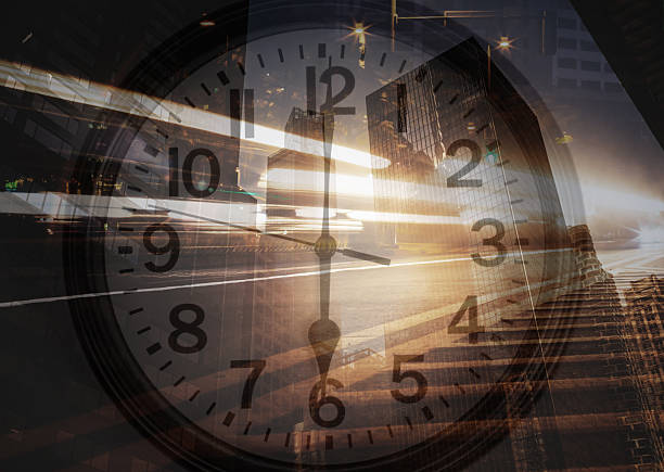 A dramatic composite showing a towering clock superimposed on a bustling city street at night, with light trails and skyscrapers suggesting pace, time pressure, and urban energy.