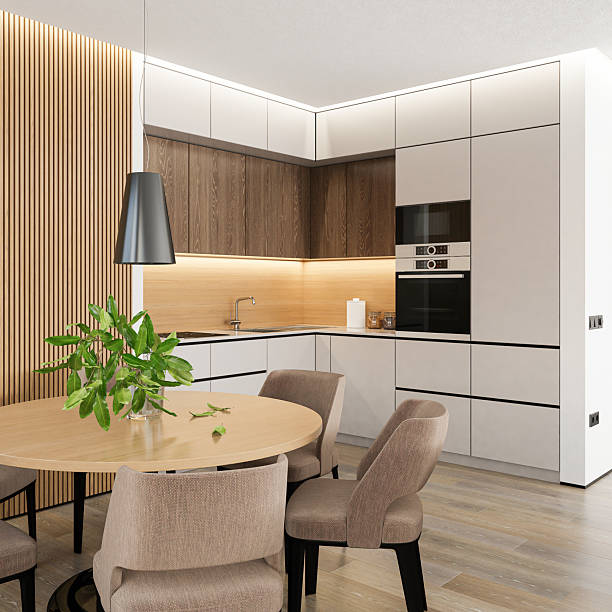 istock Japandi Dining and Kitchen Interior with Pine Slat Wall and Minimalist Layout 2241705793