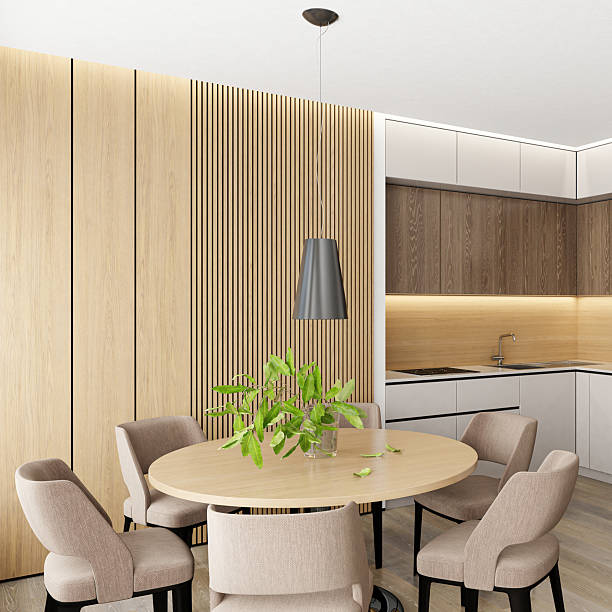 istock Japandi Dining and Kitchen Interior with Pine Slat Wall and Minimalist Layout 2241705915