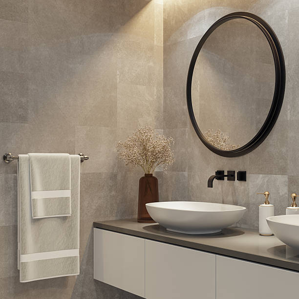 istock Spacious Bathroom with Double Vanity and Round Mirrors 2241708388