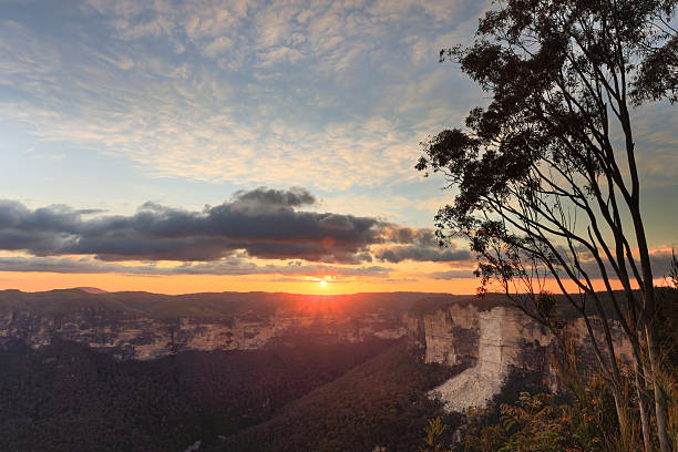 istock Sunrise sunburst over Blue Mountains escarpment cliffs 2241712579