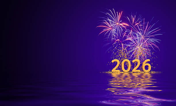 golden 2026 text under golden confetti and fireworks - 3D rendering on purple background