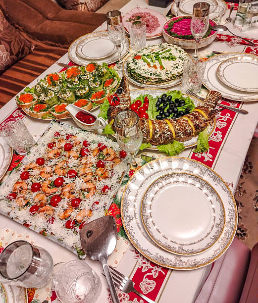istock Festive home dinner table with caviar and shrimp elegant table setting vertical frame 2241728132