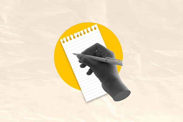 istock Composite collage picture image of hand hold pen on white note paper background. Art collage digital pop modern art 2241731101