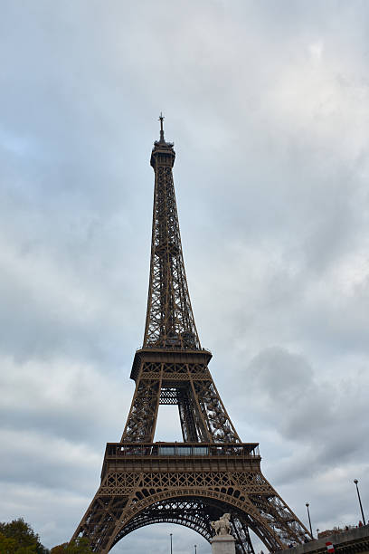 The Eiffel Tower in Paris, with a wrought iron structure built for the 1889 World's Fair on a gray day