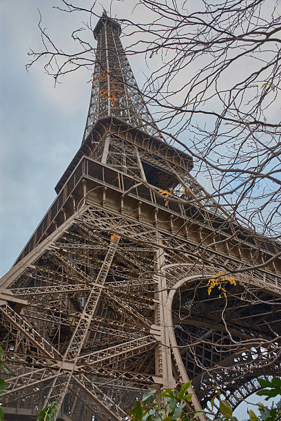 The Eiffel Tower rises imposingly in Paris under a cloudy sky, highlighting its wrought iron structure as a legacy of the 1889 World's Fair. The gray atmosphere highlights the monument's solidity and elegance, making it a symbol of innovation and heritage. Ideal for illustrating topics on French history, architecture, tourism, and culture