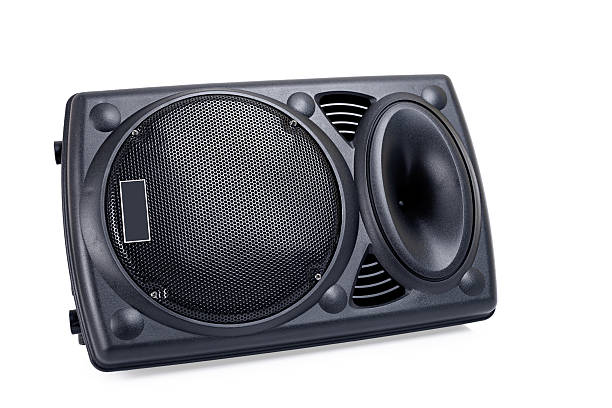 istock Audio loudspeaker box with clipping path isolated on white background. Black speaker cabinet amplifier 2241741640