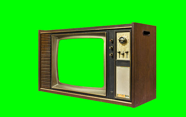 istock Side view, retro old TV with green screen isolated on green screen background, clipping path 2241741714