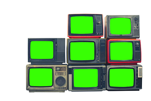istock Vintage old televisions with chroma key green screen for designer isolated on white background, eight old retro TVs stacked with clipping path. 2241741783