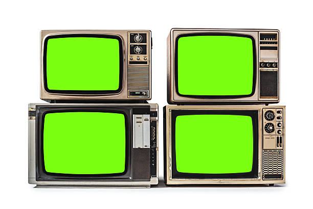 istock Four old retro style televisions with chroma key green screen for designers, isolated on white background with clipping path. 2241741798