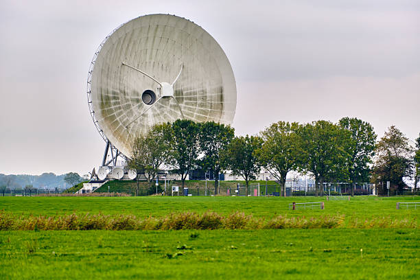 Burum, Netherlands; October 11, 2025: Large satellite interception dish used by the Dutch National Sigint Organization for global and maritime signal intelligence on restricted defense grounds.