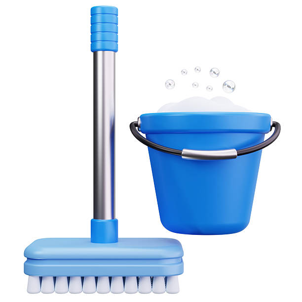 3D floor brush and bucket with sparkles, representing deep cleaning, mopping, and home hygiene tools