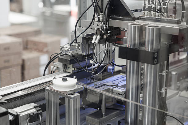 istock Close-up of an industrial wire processing machine featuring rollers, pneumatic actuators, and numerous cables in a high-tech automation system. Includes copy space 2241762948