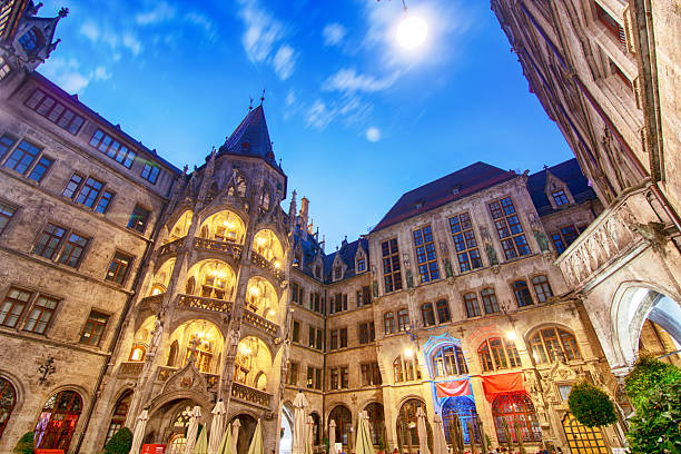 Inner courtyard of the New Town Hall (Neues Rathaus) at sunset in Munich, Germany