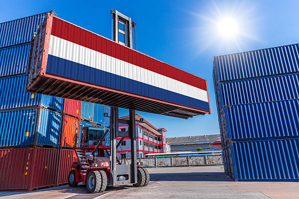 istock Products shipping cargo goods with Netherlands flag for import export business from Netherlands country 2241771048