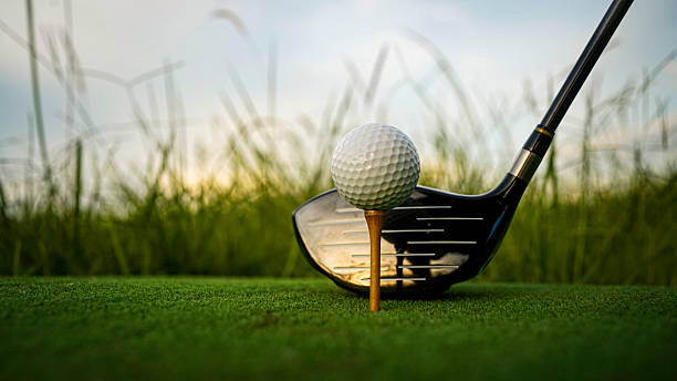 istock Golf ball on green grass in the evening golf course with sunshine background. 2241773153