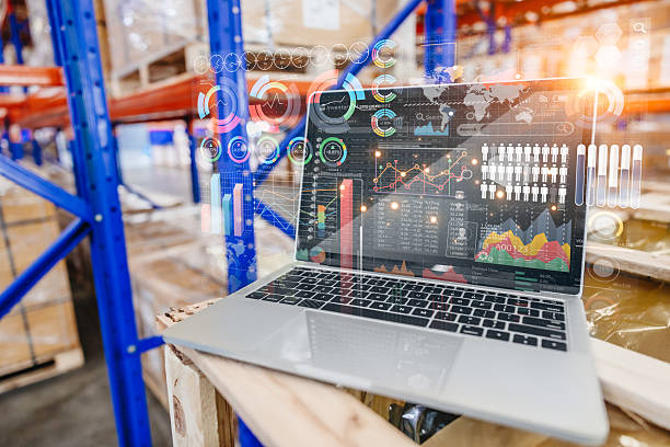 professional warehouse software application, smart modern inventory management technology concept stock photo