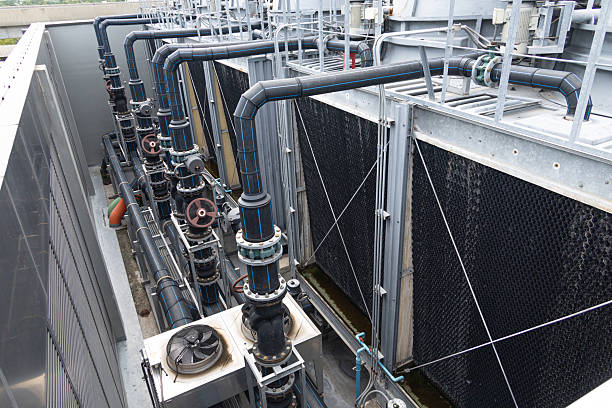 Industry HVAC system, Cooling tower, fan water Industry air conditioner system water valve pipe at roof top of building.