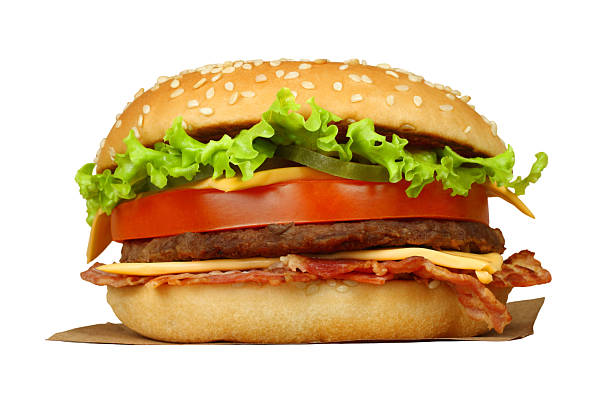 Juicy burger topped with crispy bacon, isolated on a transparent background. Ideal for food photography, menu design, and editorial projects