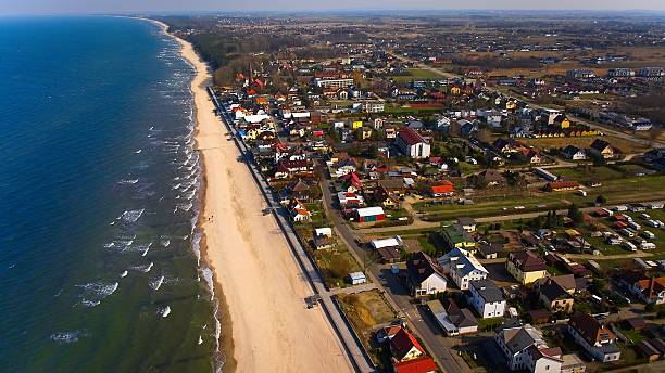 istock Baltic Sea view from the sky  Sarbinowo's wide beach and serene horizon. 2241775228