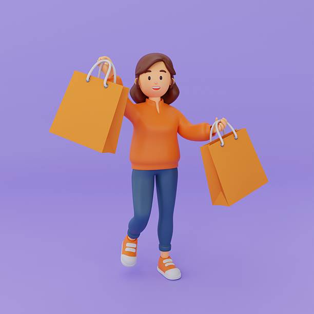A cheerful young woman is delighted with her new purchases and shopping experience. Consumerism, retail, fashion, e-commerce, and lifestyle concepts. 3D rendering.