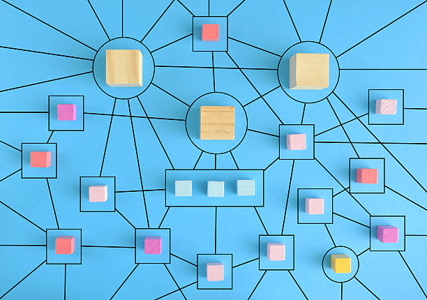 istock Business concept networking with members connected to each other. Communication, teamwork, community, society. Abstract concept with wooden pieces on blue background. Stock photo 2241782458