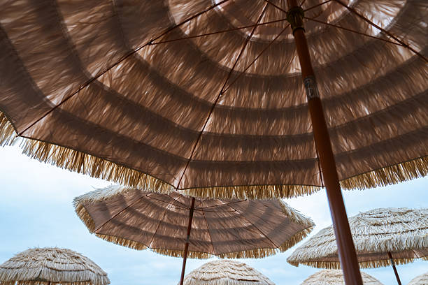 Rows of vibrant turquoise beach umbrellas stretch under a clear blue sky, evoking a serene coastal summer vibe. Scene highlights relaxation and seaside leisure, perfect for travel and vacation themes