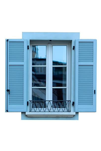 istock Traditional Blue French Window with Open Shutters and Decorative Balcony Railing isolated  on white Background 2241787619