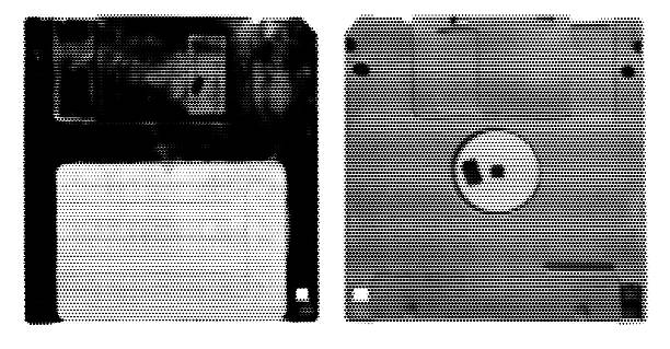 Retro 3.5” White Floppy Disk with front and back side on white background, old vintage storage png diskette. Dotted halftone texture background. Black and white pop art gradient overlay. Fading grunge