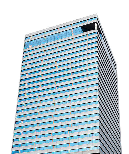 istock Bottom up view blue glass office building isolated on white background with clipping path 2241803145