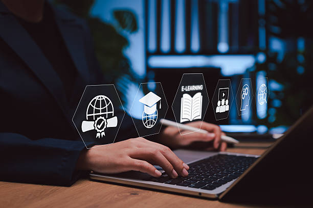 istock Online education and e-learning technology concept. Person using laptop with icons of graduation, digital certificate, learning innovation for global distance education system. training study course 2241803269
