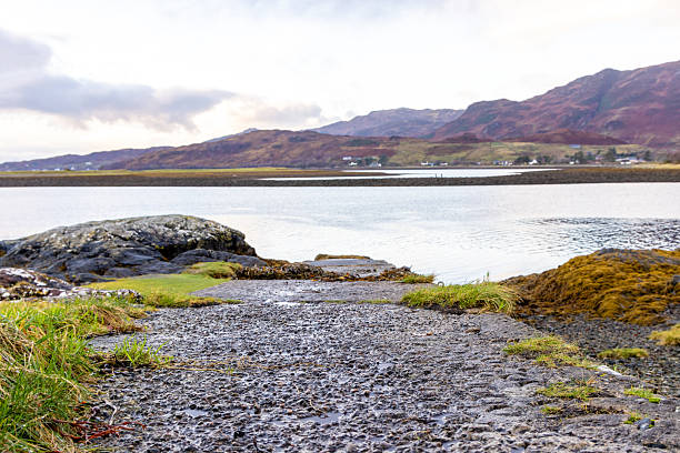 A very peaceful part of the coast of Scotland where people go to swim, enjoy the views or to relax. Stunning landscapes surround them in the Highlands.