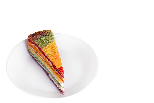 Piece of rainbow cake on a plate isolated on white background.
