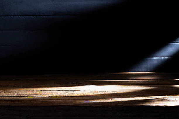istock Old brown wooden floor or empty table with light coming from behind on a black and dark background. 2241806385