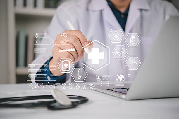 istock Doctor hand touch virtual screen medical technology interface. Healthcare data analysis, patient record, EKG chart. Future hospital innovation, digital system, global health icon. 2241806999