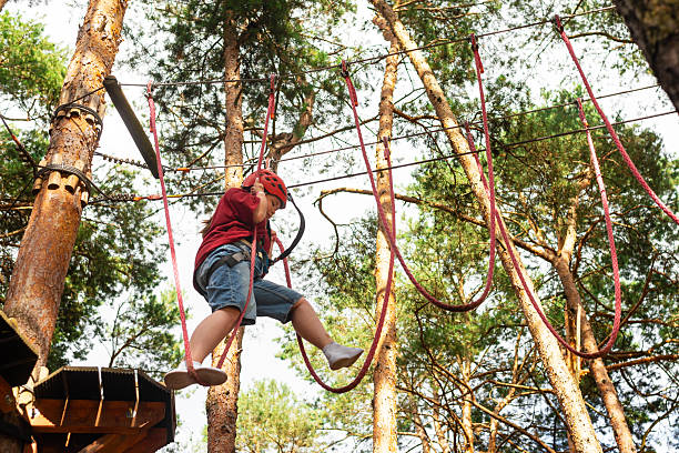 A kid is climbing on ropes with a harness in a high rope park among trees. Adventure, courage, and outdoor activity.