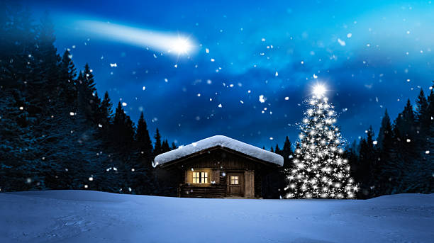 istock Winter ski hut with Christmas tree in the forest with snowfall 2241811944