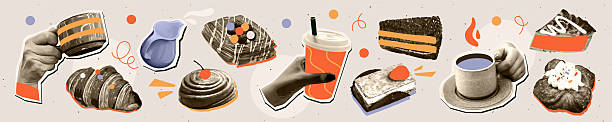 Trendy halftone collage. Sticker pack with realistic desserts, cakes, sweet pastries, and coffee cups with grainy texture. Vintage elements. Flat vector illustration collection isolated on background