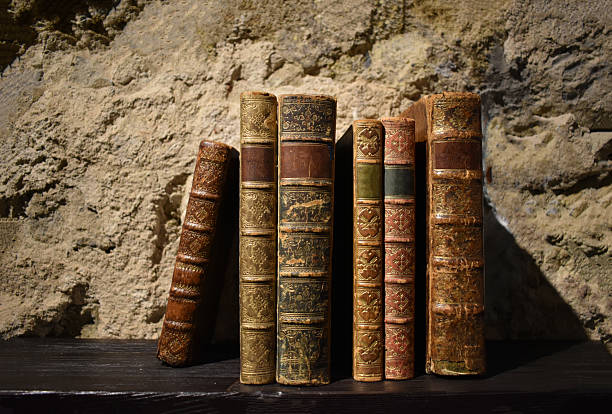 istock Row of Antique Leather Books on Old Stone Wall 2241817121