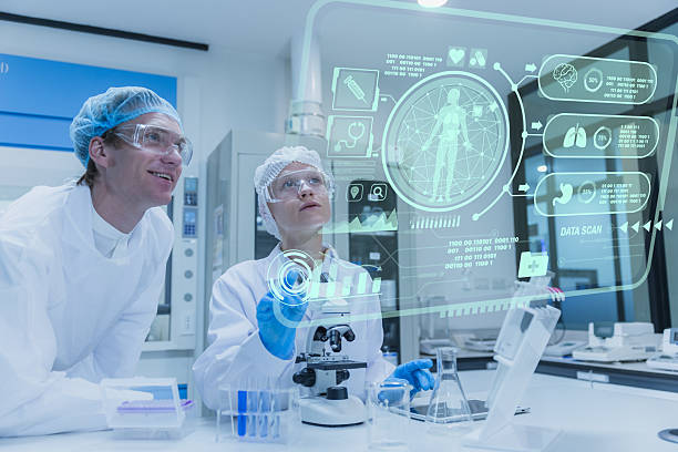istock Scientist working at science lab overlay hud showing drug and health information visual screen 2241817410